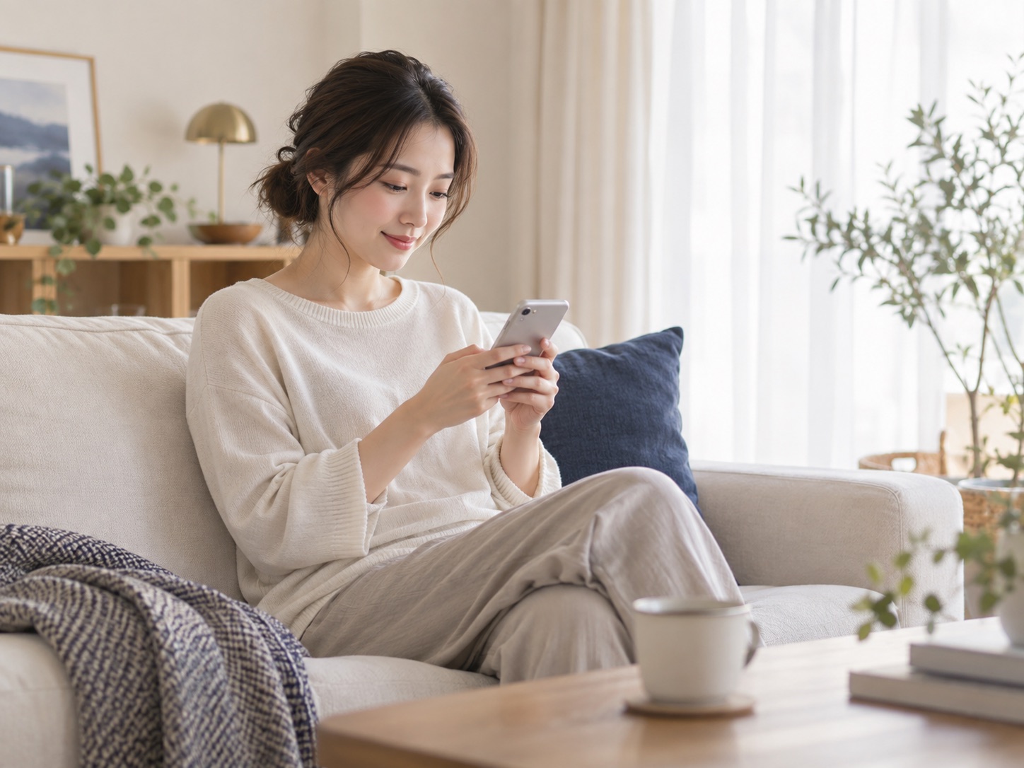 自宅でスマートフォンから相談する場面のAIイメージ