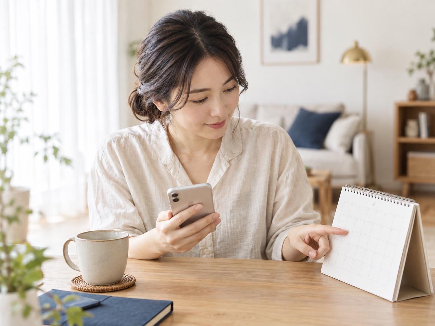 スマートフォンとカレンダーで日時を確認する場面のAIイメージ